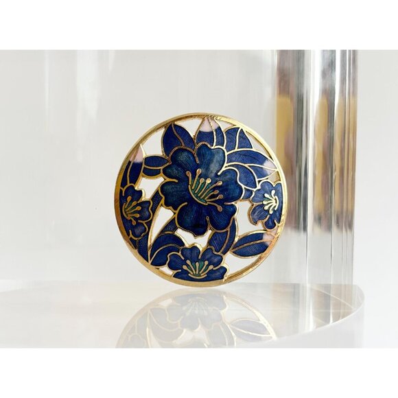 Blue Cloissone Floral Circular Gold Toned XL 90's Vintage Lapel Brooch Pin - Picture 3 of 9